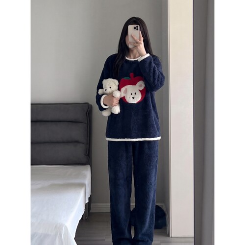 沐染家 软糯可爱苹果印花睡衣女秋季加厚半边绒可外穿家居服套装