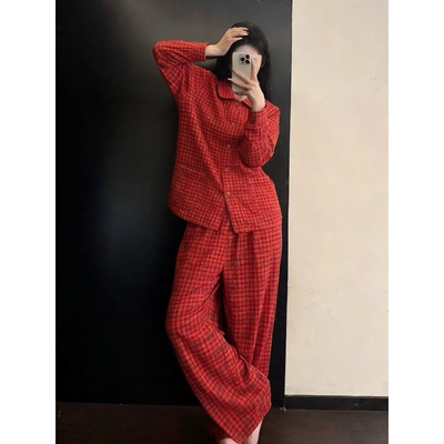 新年喜庆本命年红色格纹纯棉睡衣女春秋新款亲肤双层棉家居服套装