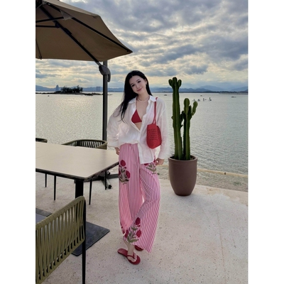 沐染家 女士优雅气质玫瑰印花睡裤女春秋季新款宽松慵懒休闲长裤