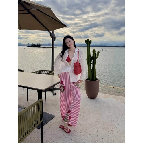 沐染家 女士优雅气质玫瑰印花睡裤女春秋季新款宽松慵懒休闲长裤