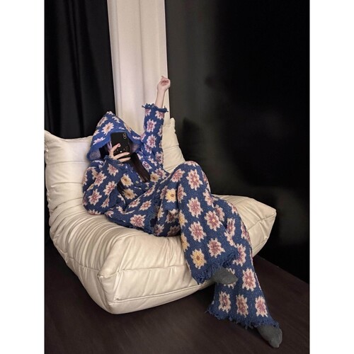 复古花卉连帽半边绒睡衣女冬季保