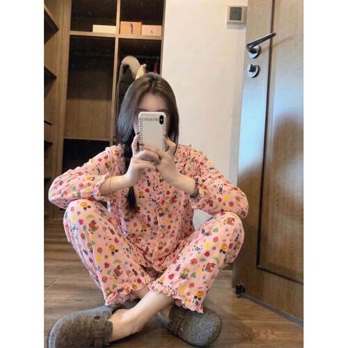 沐染家 慵懒风卡通印花睡衣女春秋季新款宽松舒适长裤家居服套装