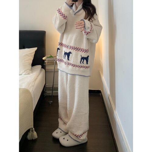 复古童趣小狗图案半边绒睡衣女秋