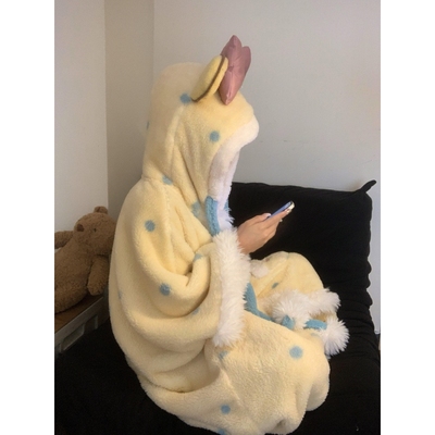 少女甜美蝴蝶结连帽珊瑚绒睡袍冬