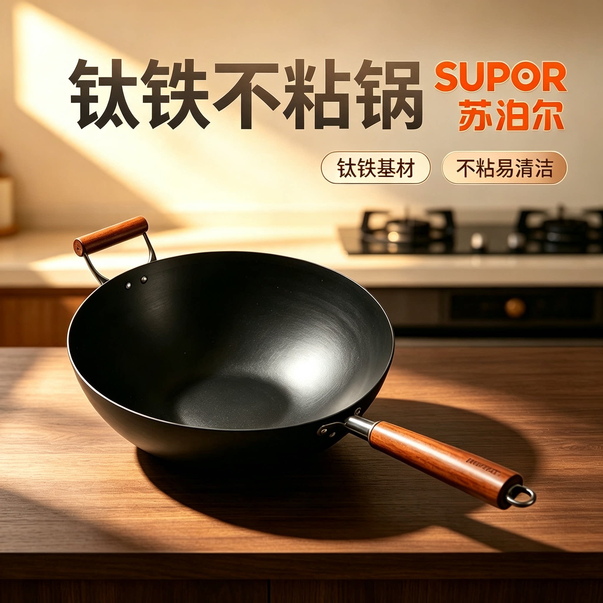 苏泊尔正品钛合金炒锅不粘无涂层燃气电磁炉家用炒菜锅带锅盖微瑕