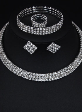 欧美简约时尚满钻闪项圈戒指手环耳钉四件套女多层项链配饰品