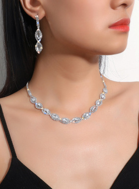 日韩圆形水晶礼服百搭套链水钻耳环项链套装晚宴宴会配饰女式项链