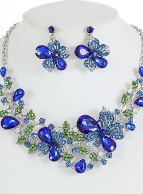 欧美配饰夸张复古项链套装女奢华水晶宴会礼服配饰锁骨链蓝色花朵
