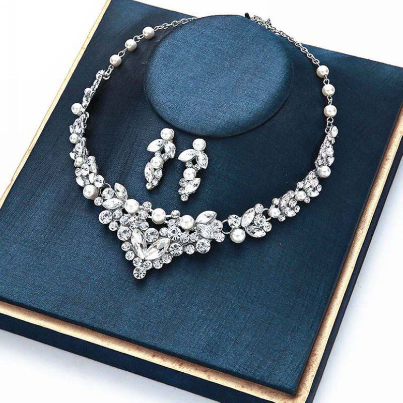 跨境新品新娘套装时尚项链耳环套装合金水钻两件套欧美婚礼首饰