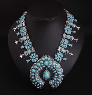 欧美大牌 复古银绿松石波西米亚夸张项链短锁骨女时尚配饰品