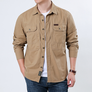 春秋季纯棉长袖翻领衬衫男士宽松新款多口袋休闲军旅工装衬衣外套