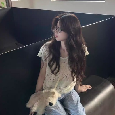 法式镂空钩花冰丝针织短袖T恤女夏季薄款小个子修身显瘦短款上衣