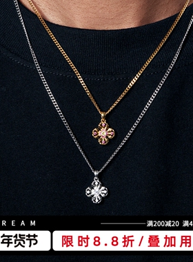KREAM 925银双面锆石花十字项链男欧美复古百搭女锁骨毛衣链情侣