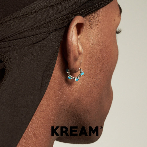 KREAM 纯银做旧绿松锆石十字耳圈男嘻哈女耳环欧美潮流耳饰