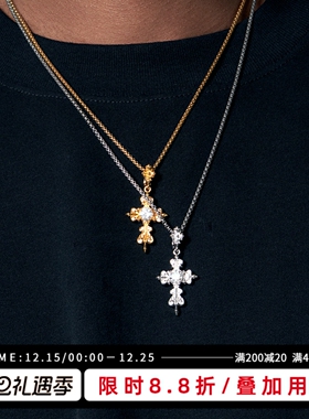 KREAM 925银镀金锆石花十字吊坠男欧美潮流女锁骨毛衣链情侣