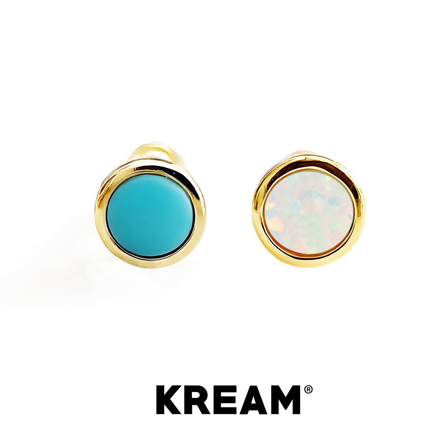 KREAM 925纯银镀金人造绿松/欧泊耳钉男嘻哈女欧美潮流情侣耳饰