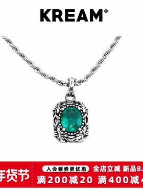 KREAM S925纯银复古做旧绿宝石吊坠男嘻哈女同款项链锁骨毛衣链