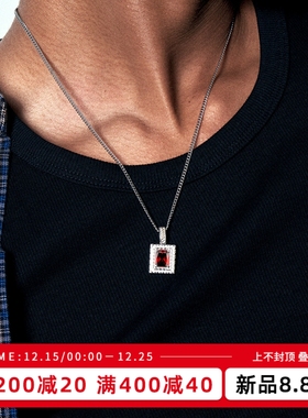 KREAM 925银方牌 红绿紫石吊坠男项链情侣欧美嘻哈潮流女礼物轻奢