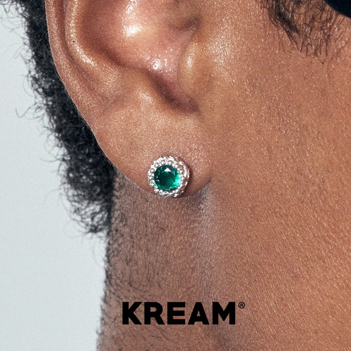 KREAM 925银 唐草纹绿白锆石耳钉男嘻哈女复古时尚高级感情侣耳饰