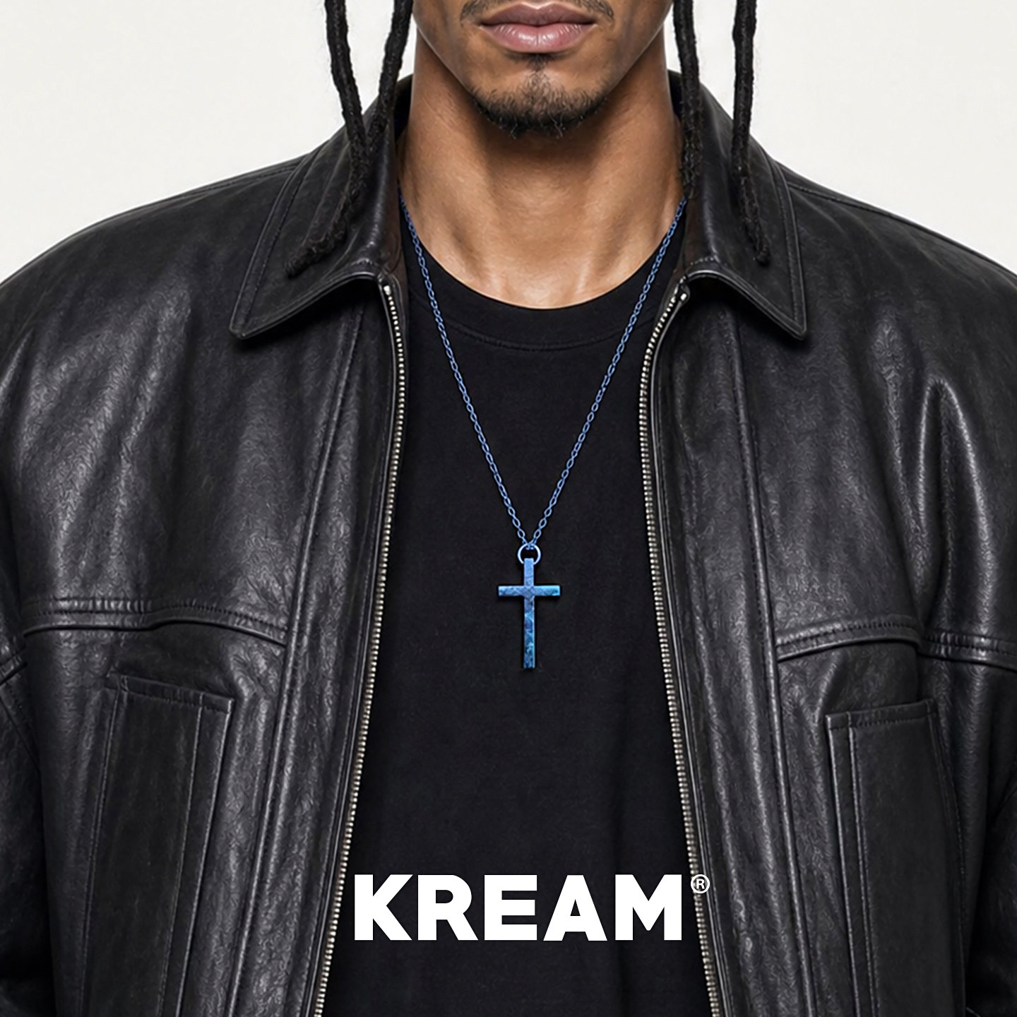 KREAM 纯钛 电光蓝十字架项链男欧美潮流个性女毛衣链情侣高级图片