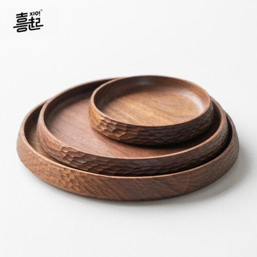 喜起黑胡桃木圆形手工收纳盘子