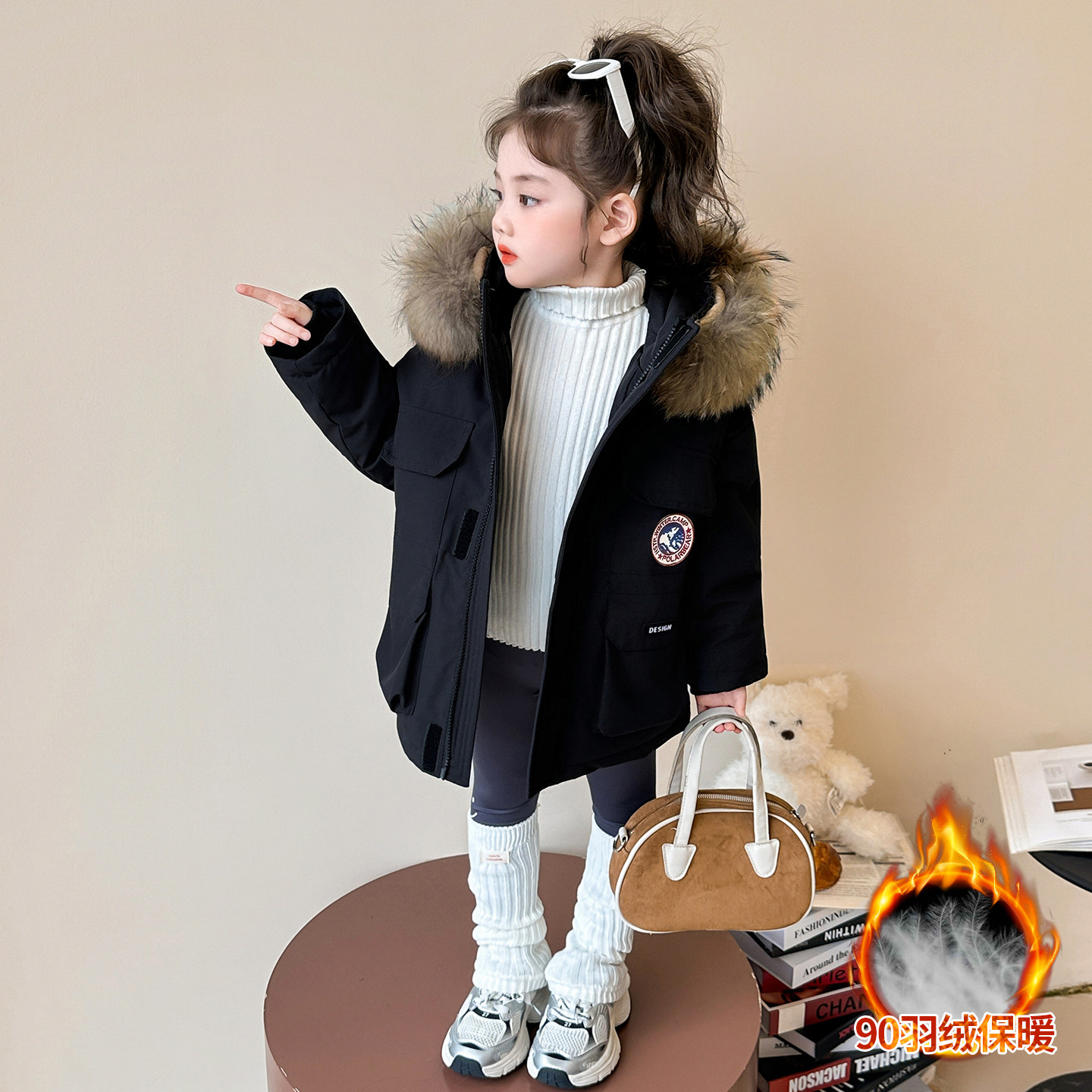 女童羽绒服加厚中长款2025新款冬装女儿童冬季女宝宝外套棉服毛领