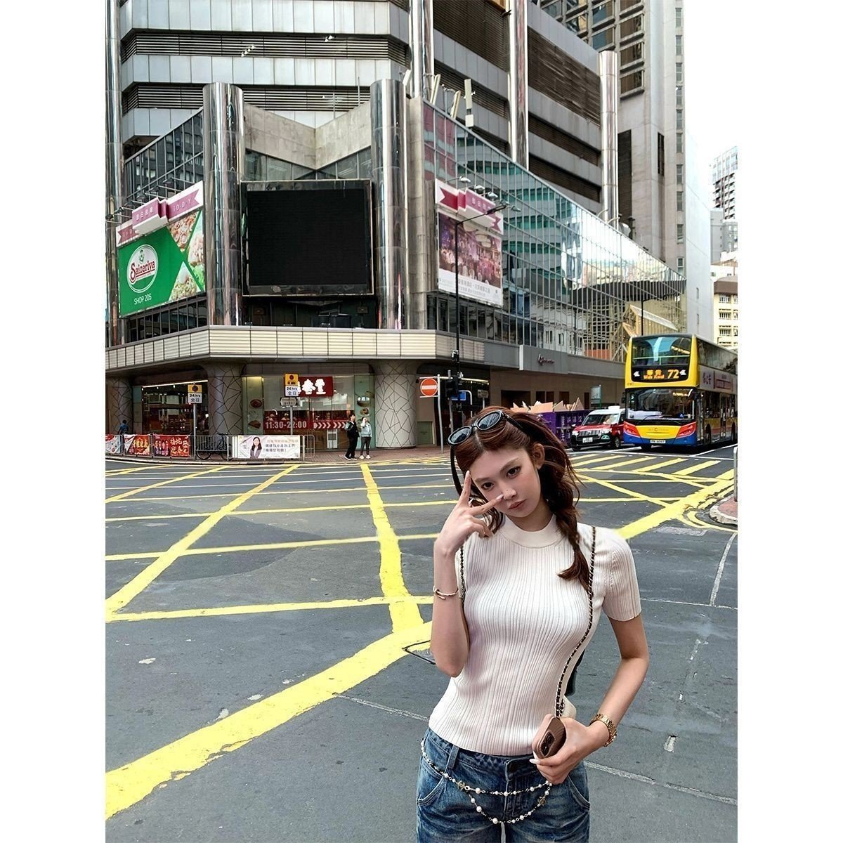jenie同款老钱风冰麻圆领针织短袖上衣女纯色修身显瘦t恤