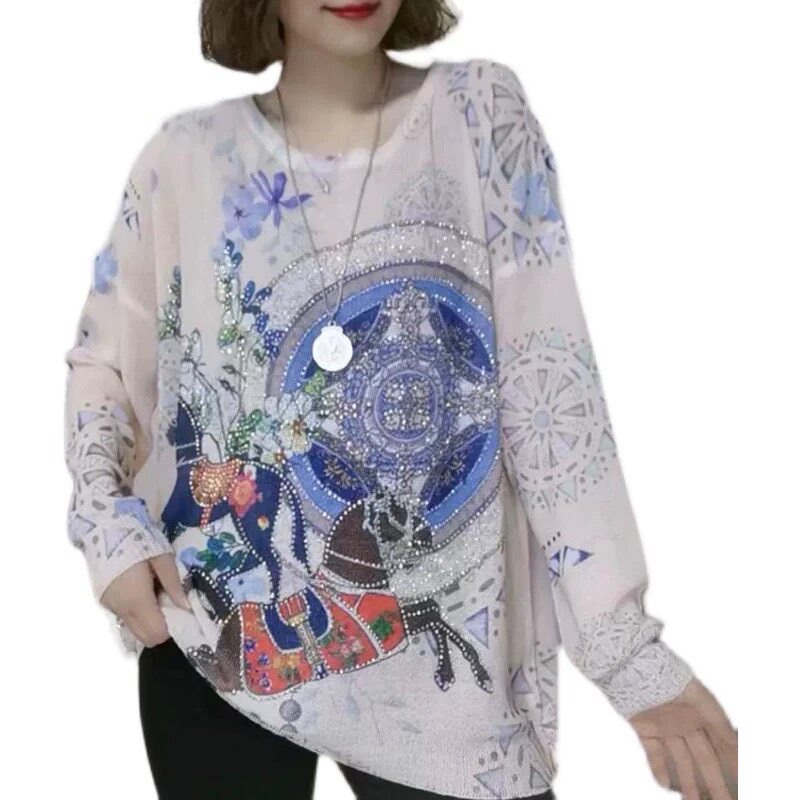 个性大码重工镶钻甜美风麻棉女上衣2025网红春装高档百搭印花毛衣