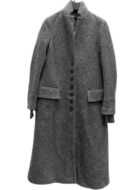 圣迪品牌折扣 女冬灰色简约复古戗驳领时尚拼接羊毛大衣 49%羊毛