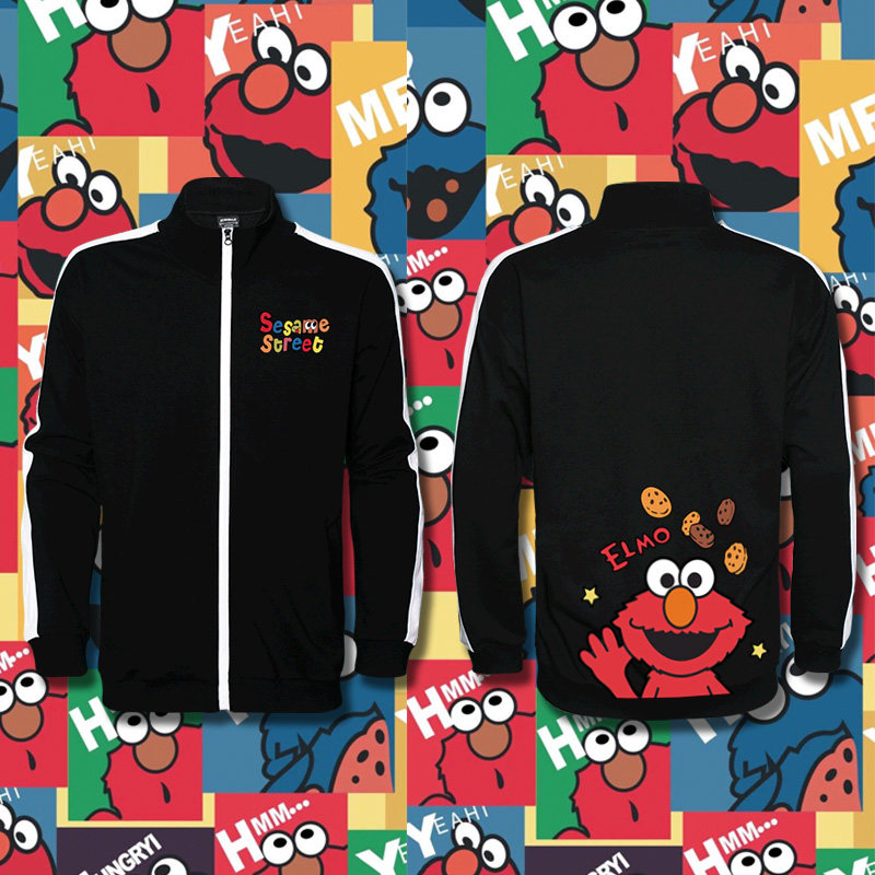 欧美潮牌联名芝麻街ins时尚拼接外套大码宽松立领开衫情侣卫衣潮