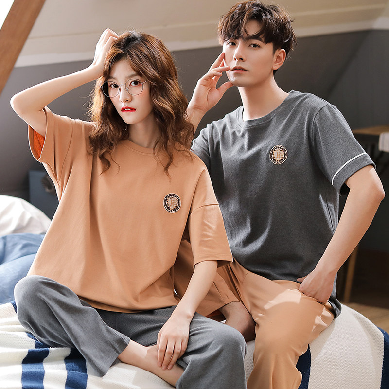 2套价 夏季情侣睡衣纯棉短袖长裤薄款韩版大码男女休闲家居服套装