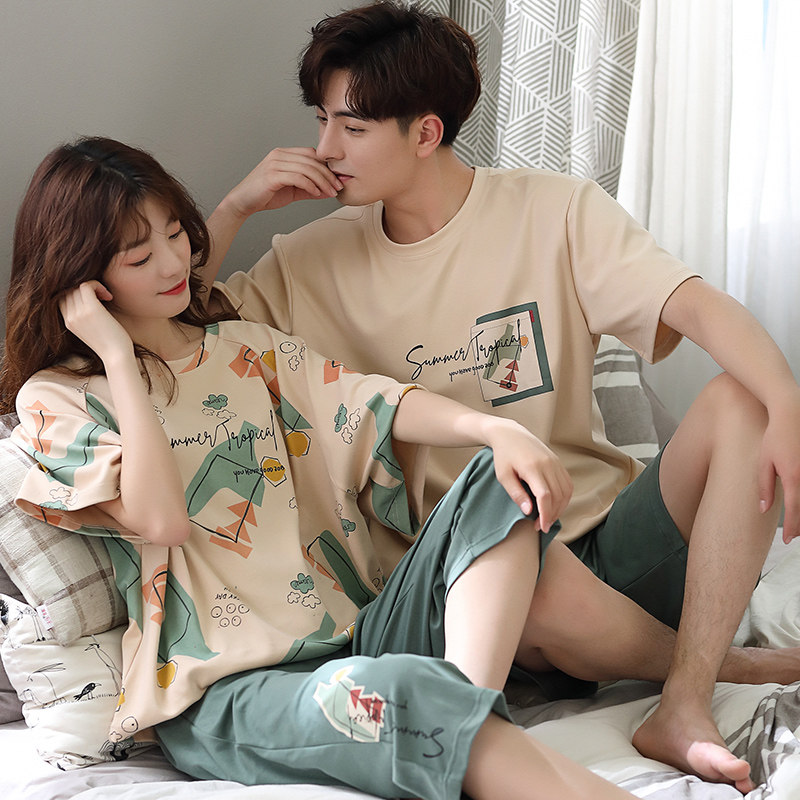 2套价 夏季情侣睡衣纯棉女短袖七分裤薄款男士宽松韩版家居服套装