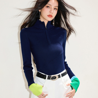 高级感立领拉链撞色针织衫上衣