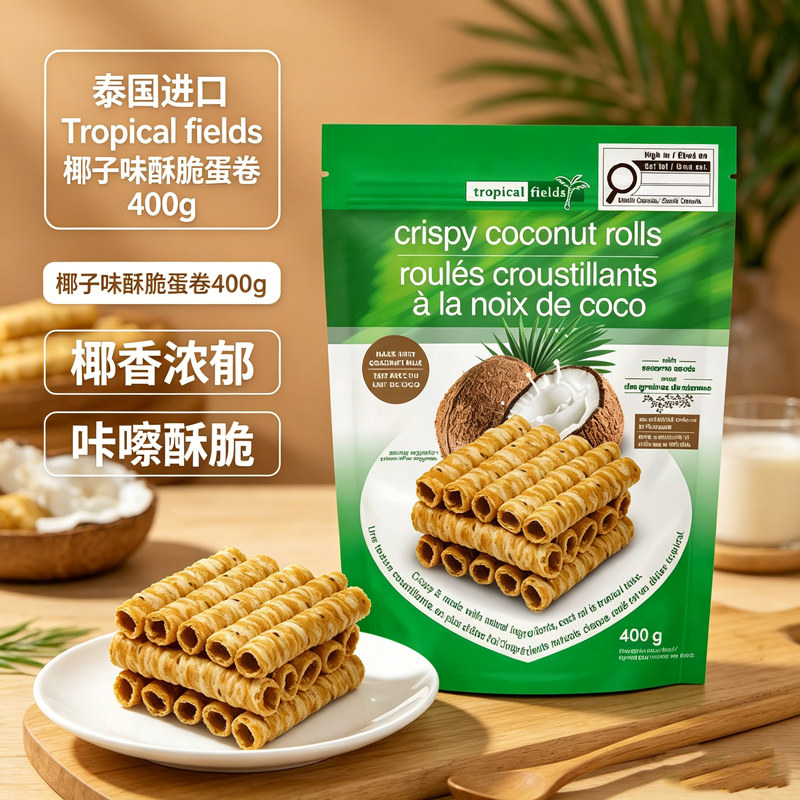 泰国进口Tropical fields原味椰子味蛋卷400g香脆酥卷零食儿童