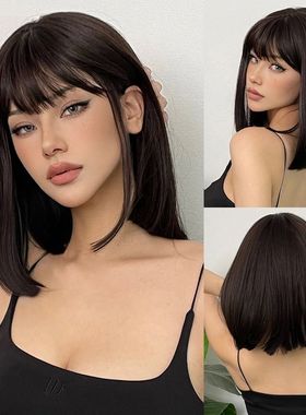 Short Black Brown Synthetic Natural Hair Wigs for Women Bob