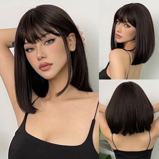 Short Black Brown Synthetic Natural Hair Wigs for Women Bob