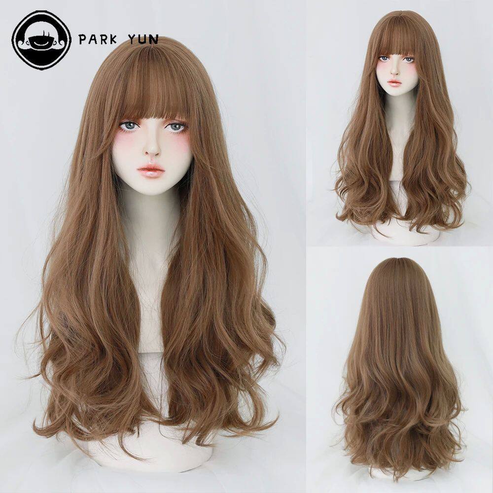 Long Curly Hair Women Wig with Bangs Daily Brown Black Pink