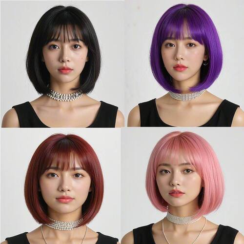 100% Density Short Straight Curly Wave Bob Cut Wig with Bang