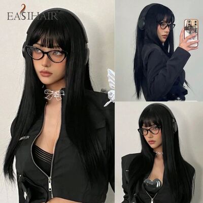 EASIHAIR Long Silky Straight Synthetic Wigs with Bangs Black
