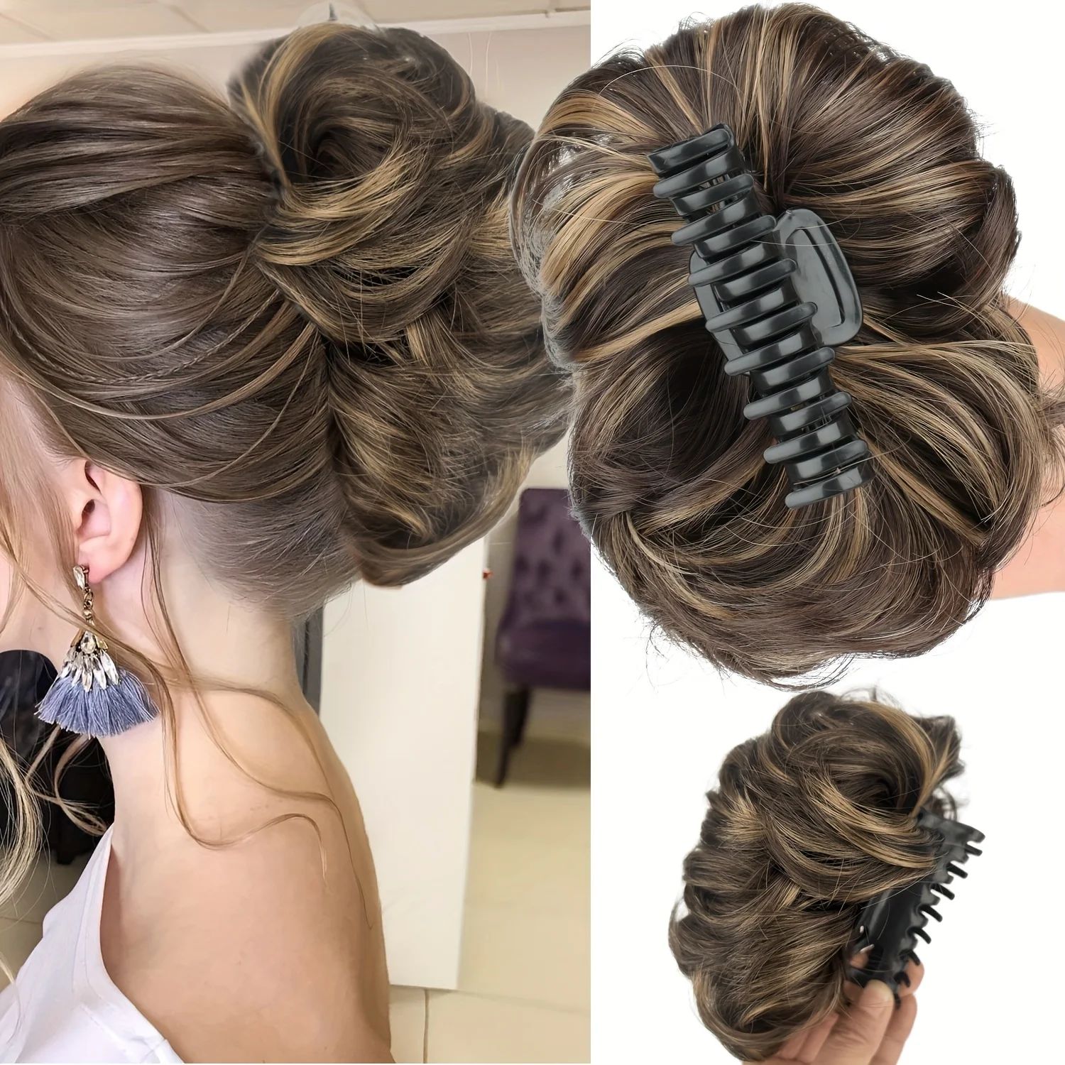 Claw Clip On Messy Hair Bun Hairpieces Synthetic Wavy Hair B