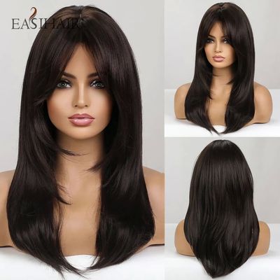EASIHAIR Dark Brown Black Synthetic Wigs with Bangs Medium S