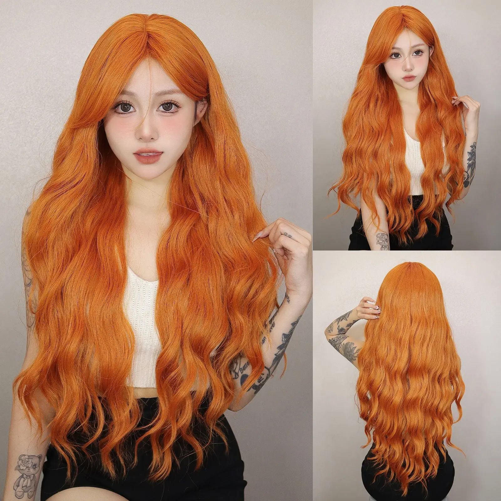 Long Water Wave Orange Synthetic Wigs for Women Wavy Natural