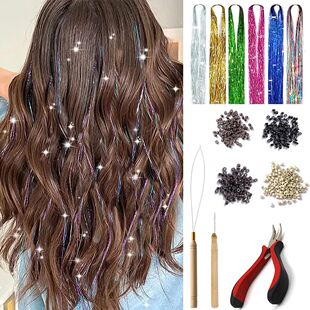 48 Inch Synthetic Hair Tinsel Kit With Tool 1200 strands Tin