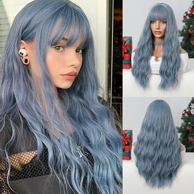 Gray Blue Cosplay Hair Synthetic Wavy Wig with Bangs Colored