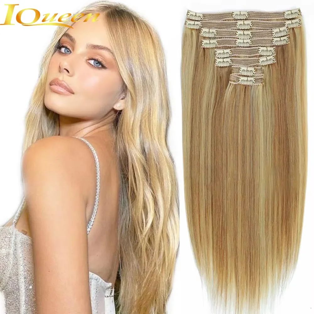 8Pcs Clip In Hair Extensions 100% Human Hair P8/613 Color Br