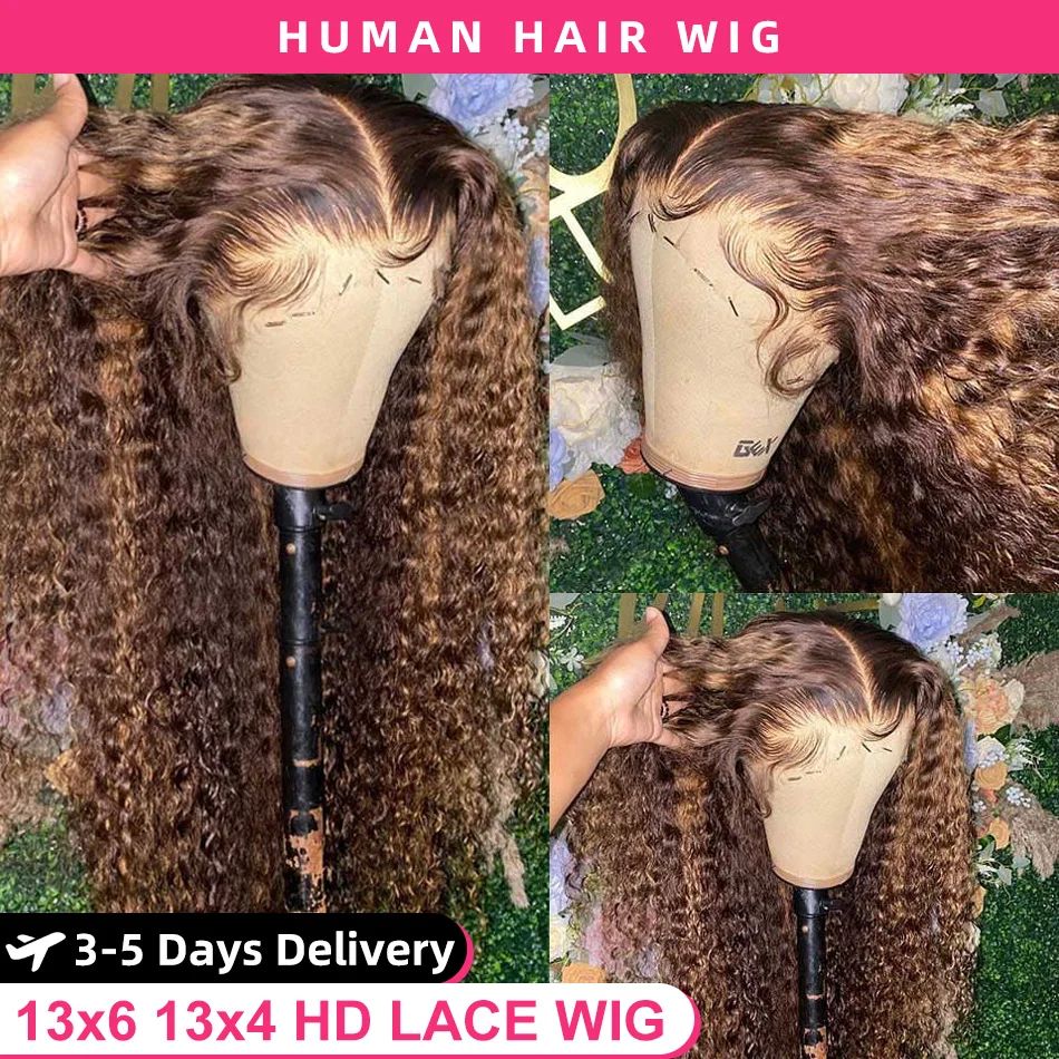 30 34 Inch Highlight Ombre Lace Front Wig Curly Human Hair W