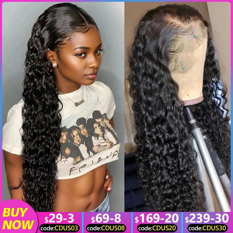 200% 30 32Inch Deep Wave HD Lace Front Wig Transparent 13x4