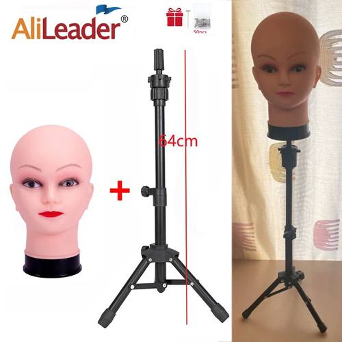 64cm Tripod Wig Stand With bald Mannequin Head Black mini Wi