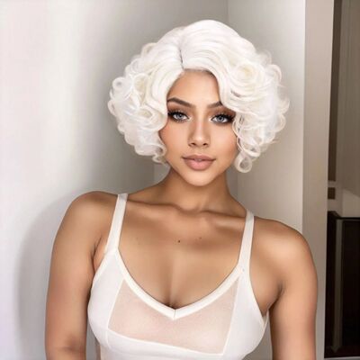 Short Curly White Wig with Mid-part Heat Resistant Synthetic