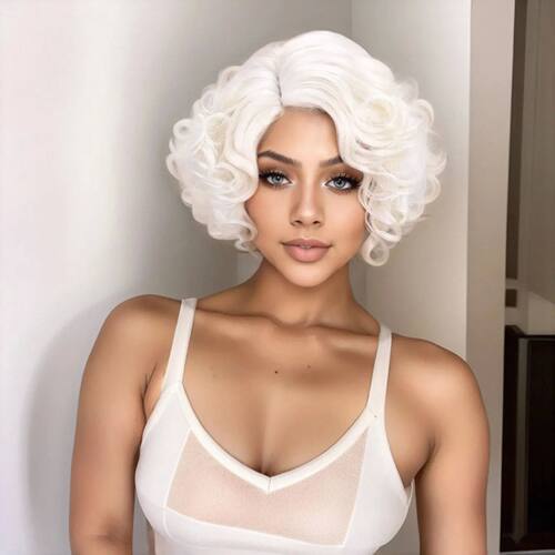 Short Curly White Wig with Mid-part Heat Resistant Synthetic